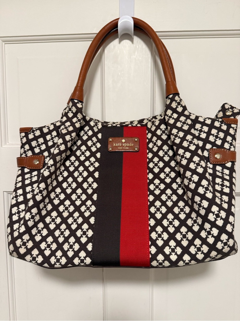 kate spade Brown & White Patterned Tote with Red Stripe